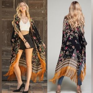 Bohemian Floral Print Kimono / Duster - Fine Golden Fringe Tassels - Side Slits